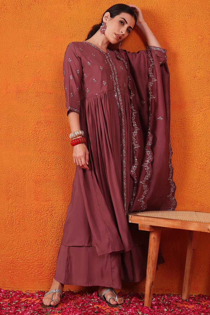 Gorgeous Maroon Embroidered Silk Event Wear Palazzo Suit