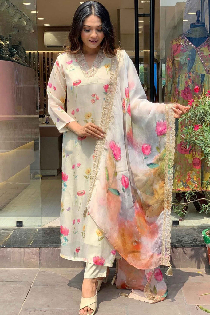 Alluring Off-White Floral Print Tabby Event Wear Pant Suit With Dupatta