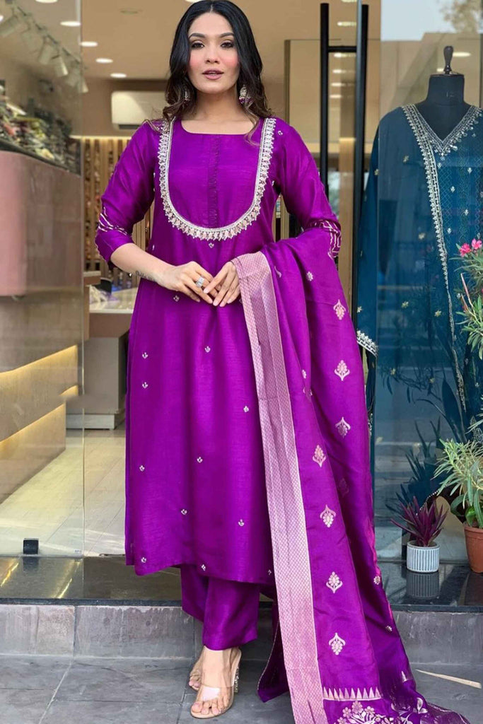 Awesome Violet Embroidered Silk Wedding Wear Pant Suit With Dupatta