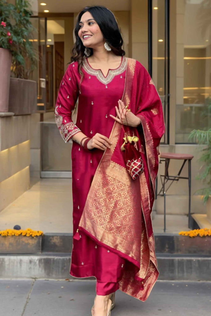 Marvelous Maroon Embroidered Silk Traditional Pant Suit With Dupatta