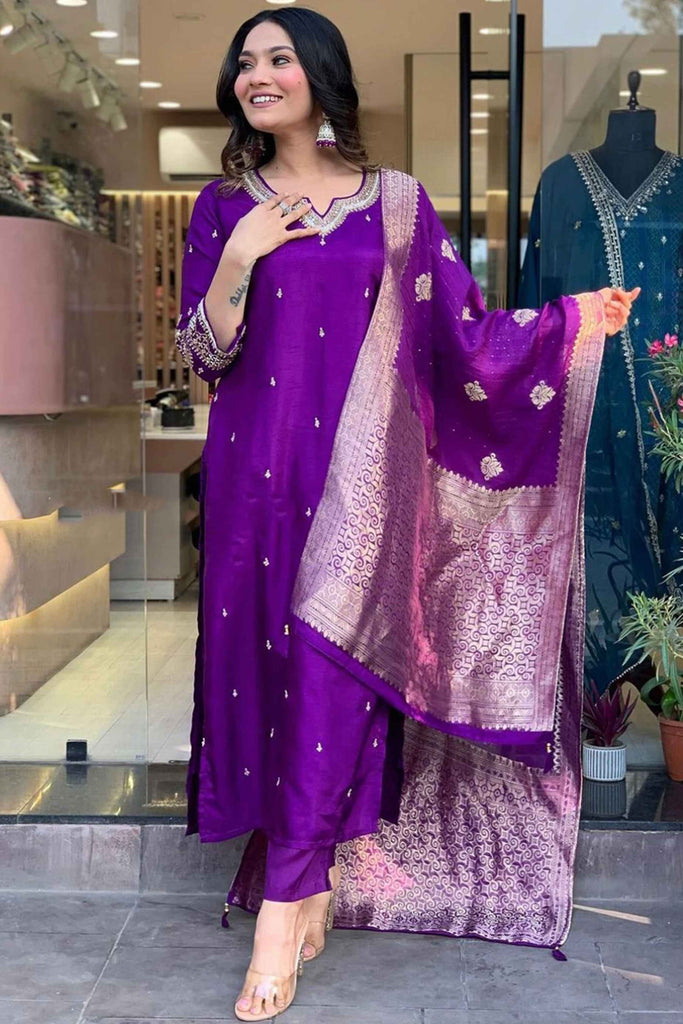 Awesome Purple Embroidered Silk Function Wear Pant Suit With Dupatta