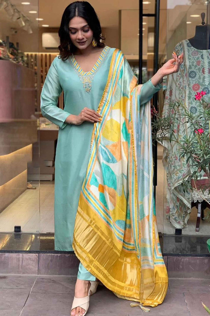 Fantastic Sea Green Embroidered Silk Event Wear Pant Suit With Dupatta