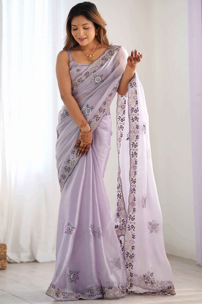 Shocking Lavender Embroidered Organza Function Wear Saree With Blouse