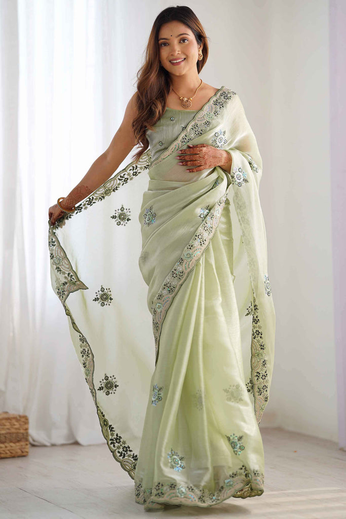 Attractive Pista Green Embroidered Organza Festival Wear Saree