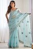 Ravishing Sky-Blue Embroidered Organza Function Wear Saree With Blouse