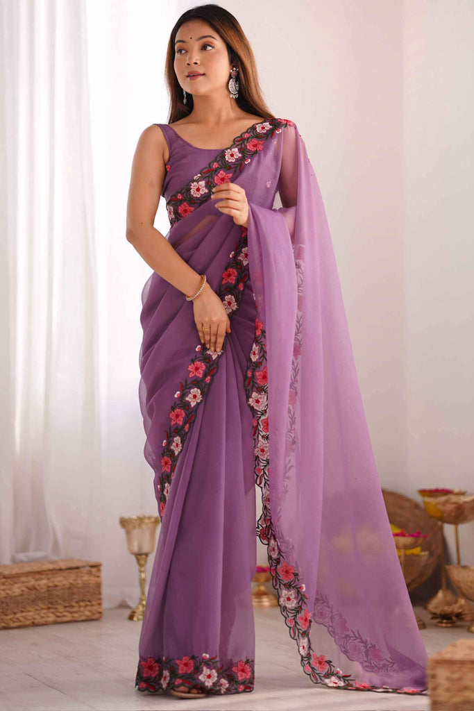 Ravishing Purple Embroidered Georgette Function Wear Saree