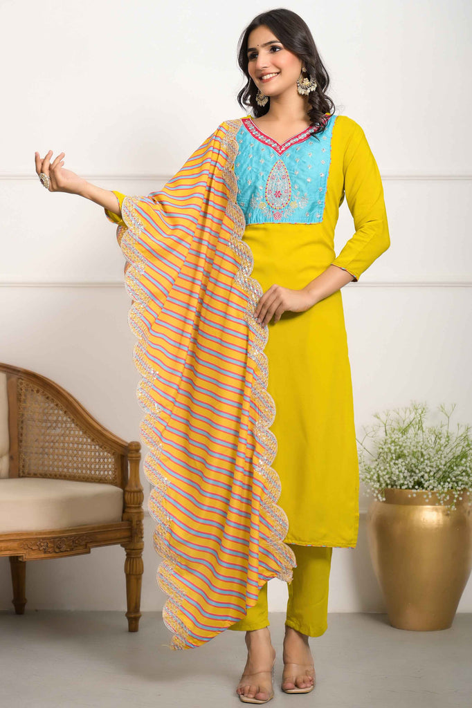 Lovely Yellow Embroidered Viscose Traditional Pant Suit With Dupatta