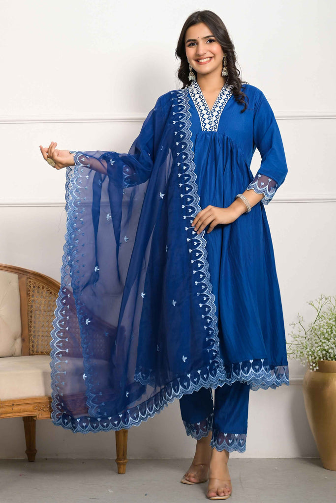 Adorable Blue Embroidered Silk Office Wear Pant Suit With Dupatta