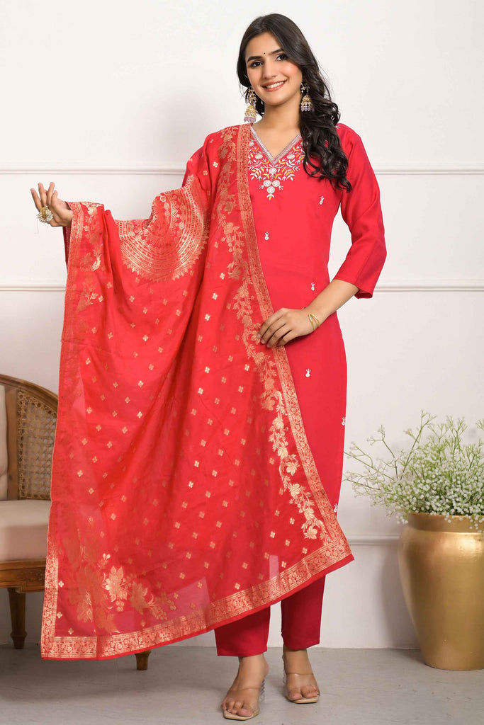 Precious Pink Embroidered Chanderi Silk Festival Wear Pant Suit