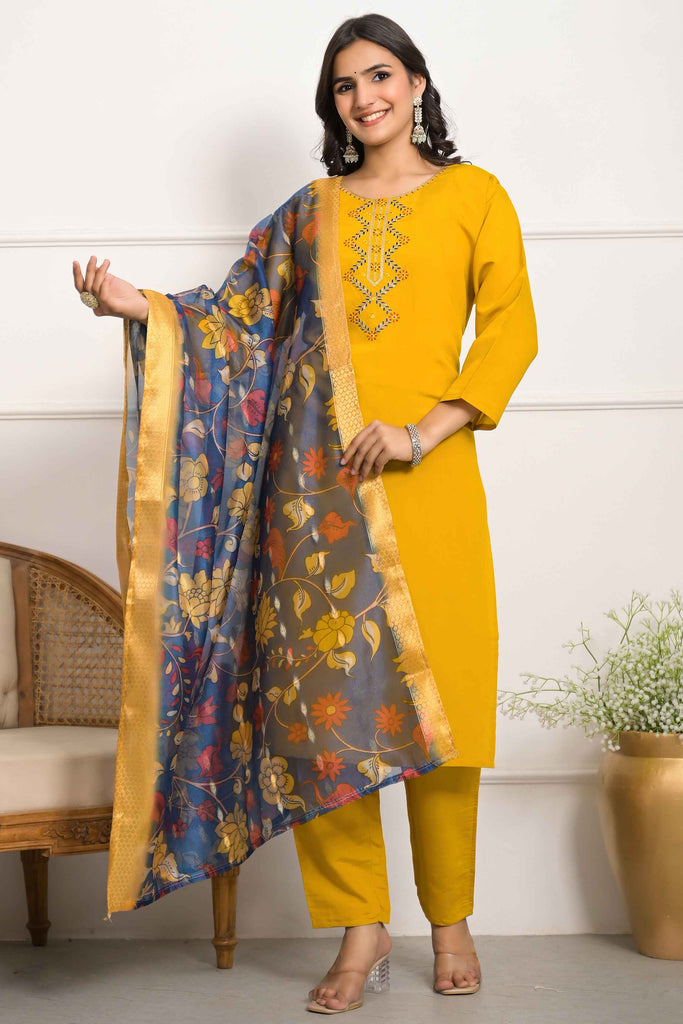 Adorable Mustard Embroidered Chanderi Silk Event Wear Pant Suit