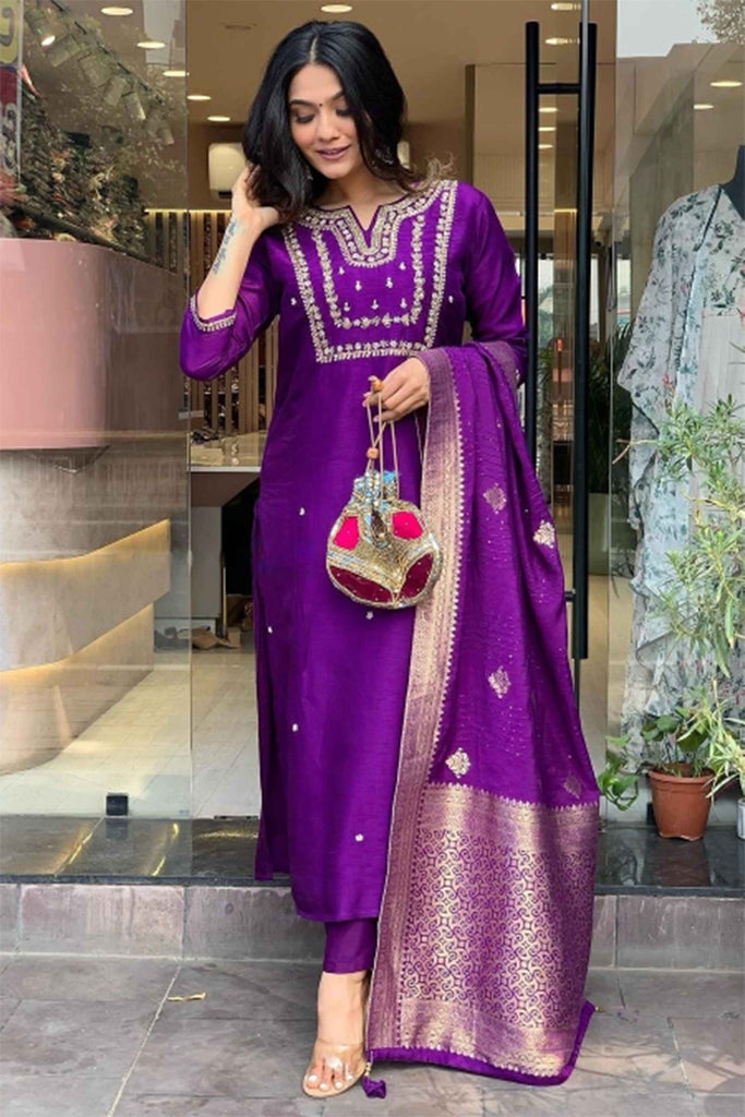 Ravishing Purple Embroidered Viscose Wedding Wear Pant Suit