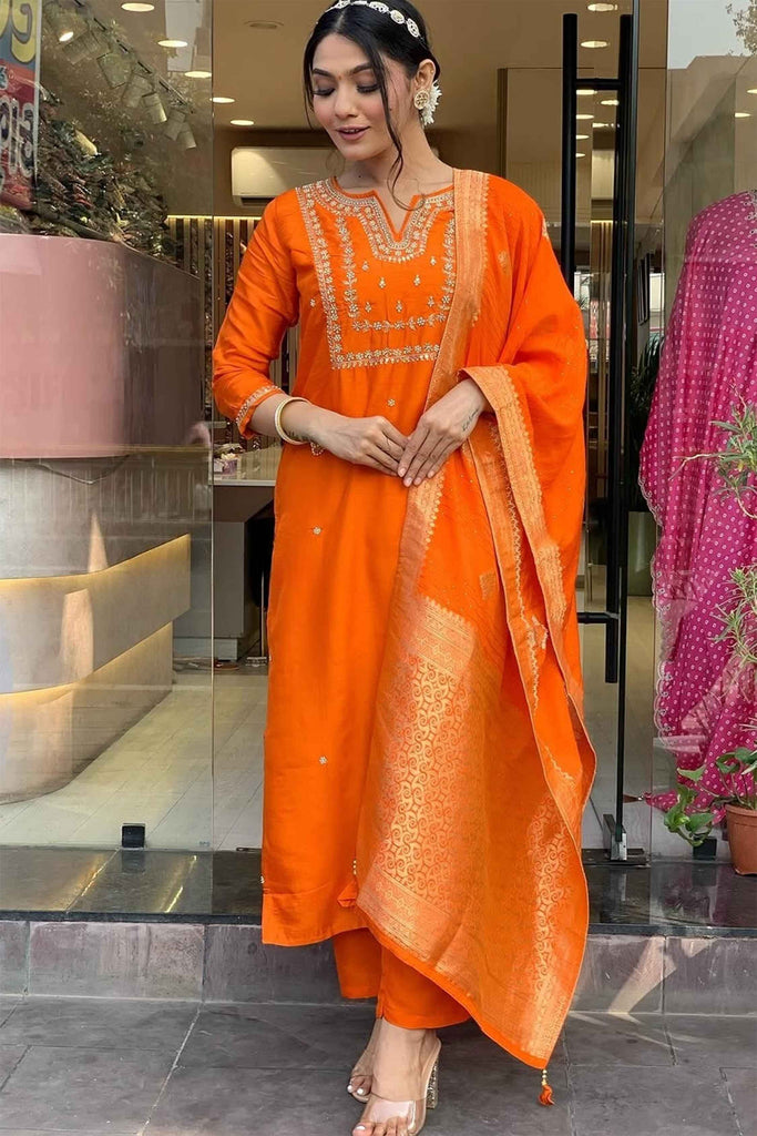 Delightful Orange Embroidered Viscose Traditional Pant Suit 