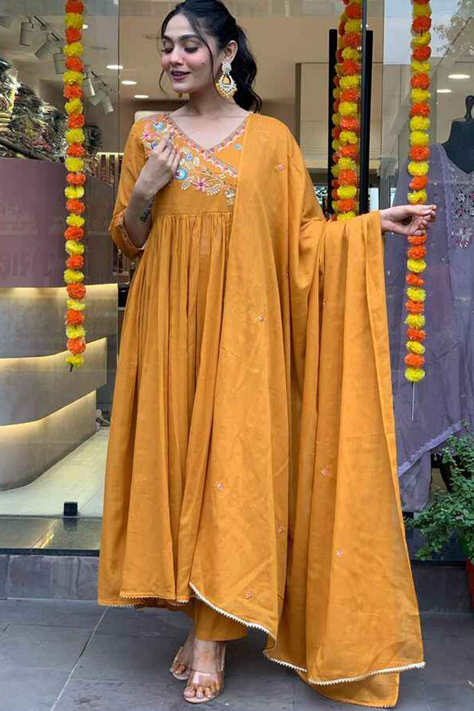 Lovable Mustard Color Embroidered Viscose Haldi Wear Pant Suit