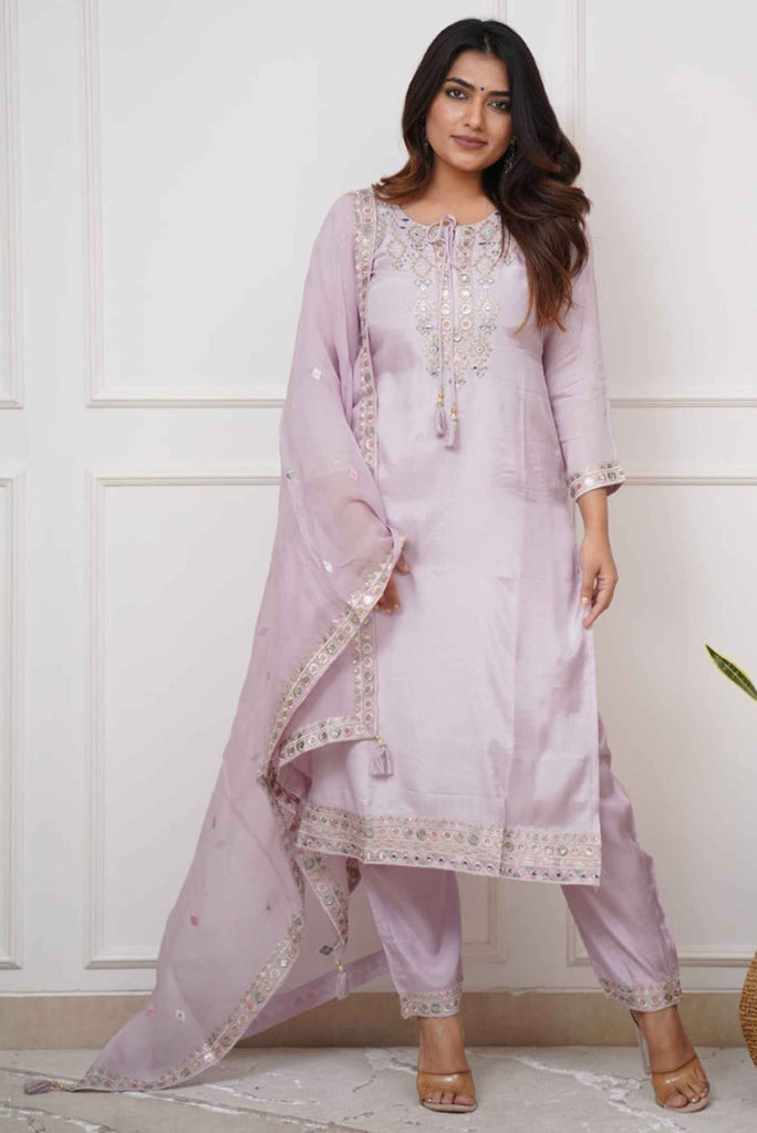 Surprising Lilac Color Embroidery Work Viscose Wedding Wear Pant Suit