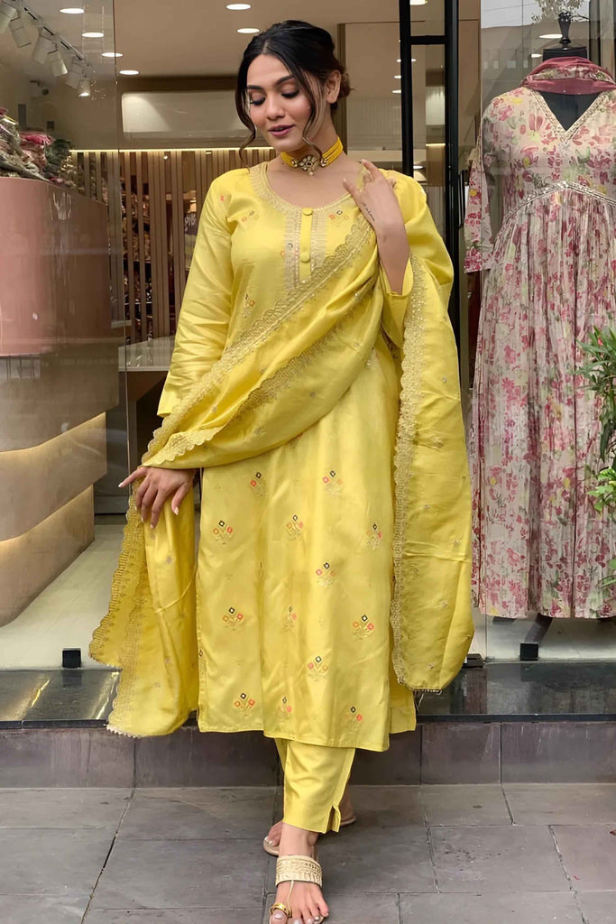 Awesome Yellow Embroidery Work Jacquard Haldi Wear Pant Suit