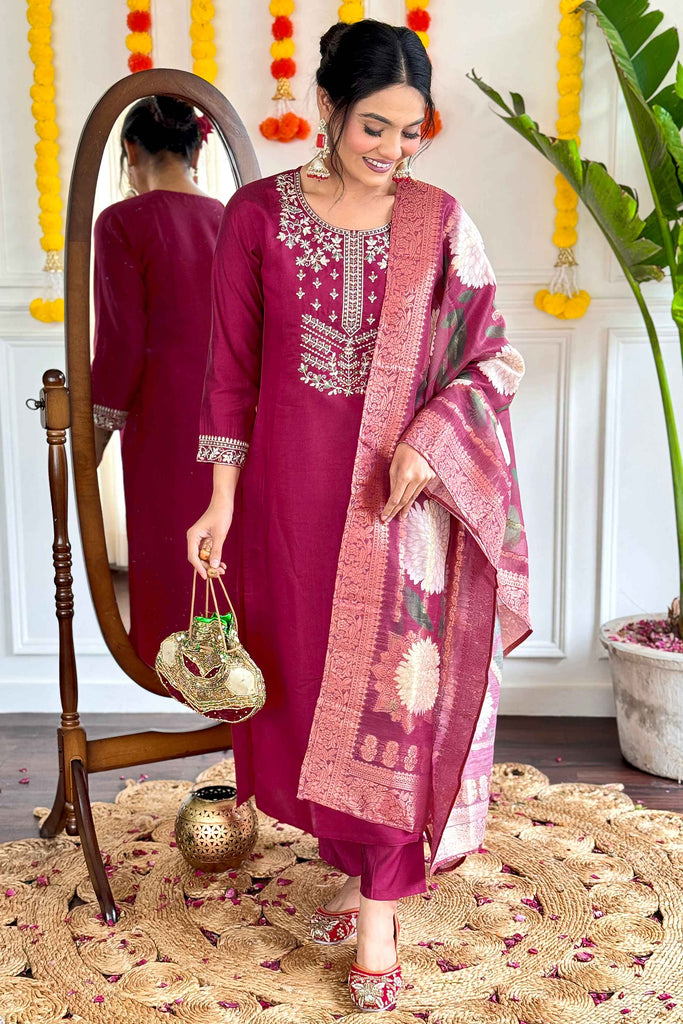 Exquisite Burgundy Embroidery Work Viscose Event Wear Pant Suit