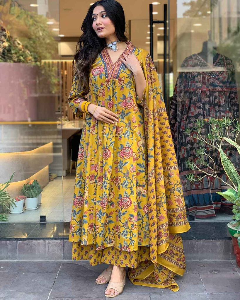 Gorgeous Yellow Color Floral Printed Cotton Haldi Wear Pant Suit