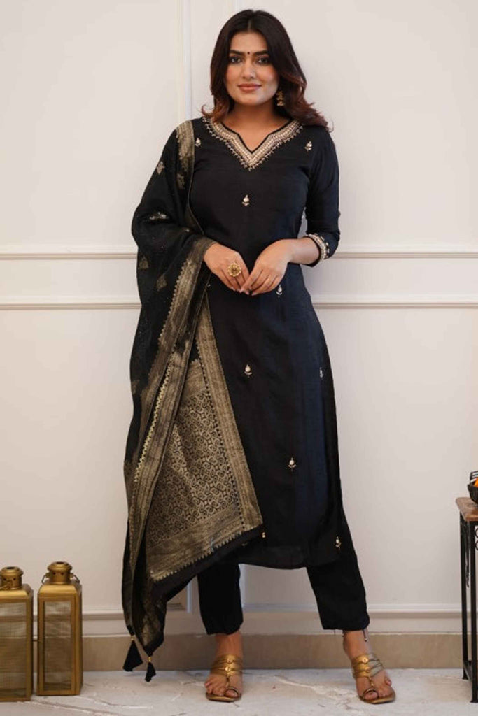 Astonishing Black Embroidery Work Viscose Function Wear Pant Suit