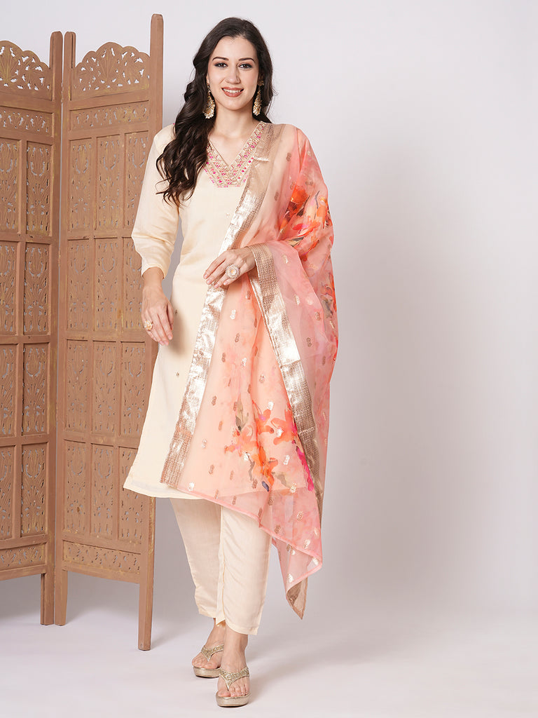 Awesome Peach Embroidery Work Chanderi Silk Event Wear Pant Suit