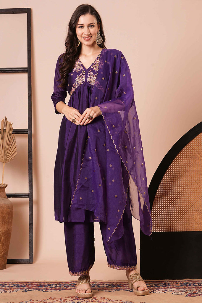 Fabulous Purple Embroidery Work Vichitra Silk Festival Wear Pant Suit