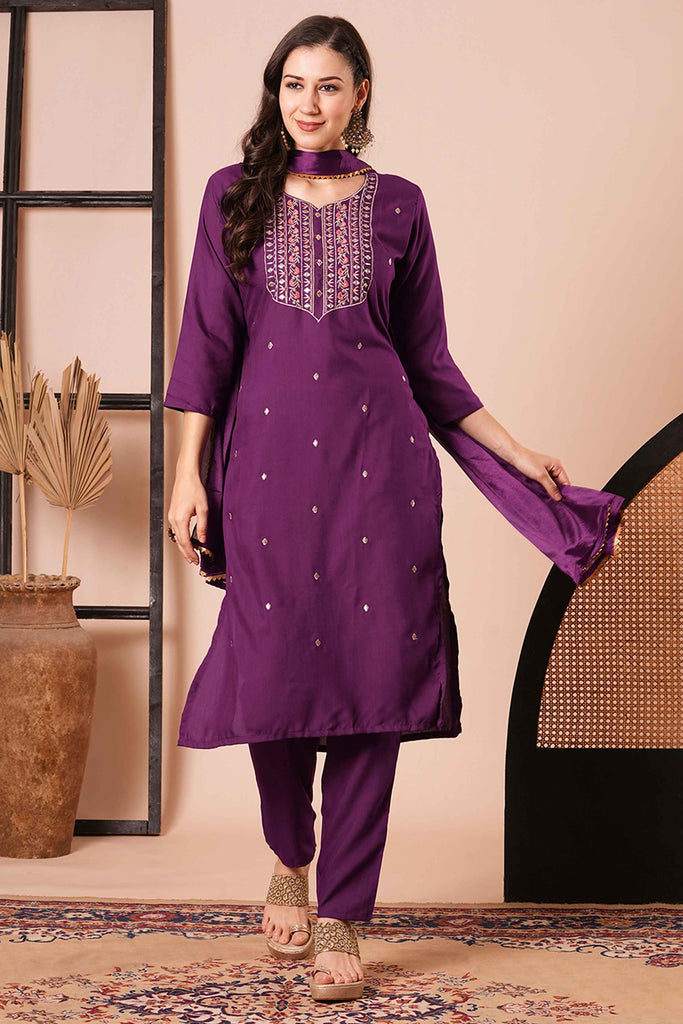 Captivating Purple Embroidered Rayon Function Wear Pant Suit