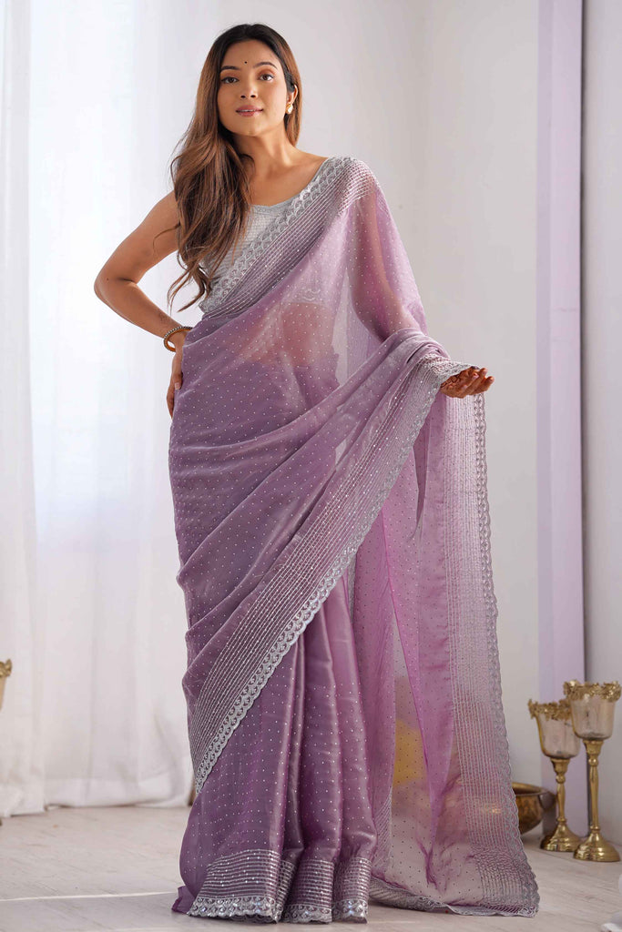 Stunning Lavender Sequins Oragnza Cocktail Party Wear Saree