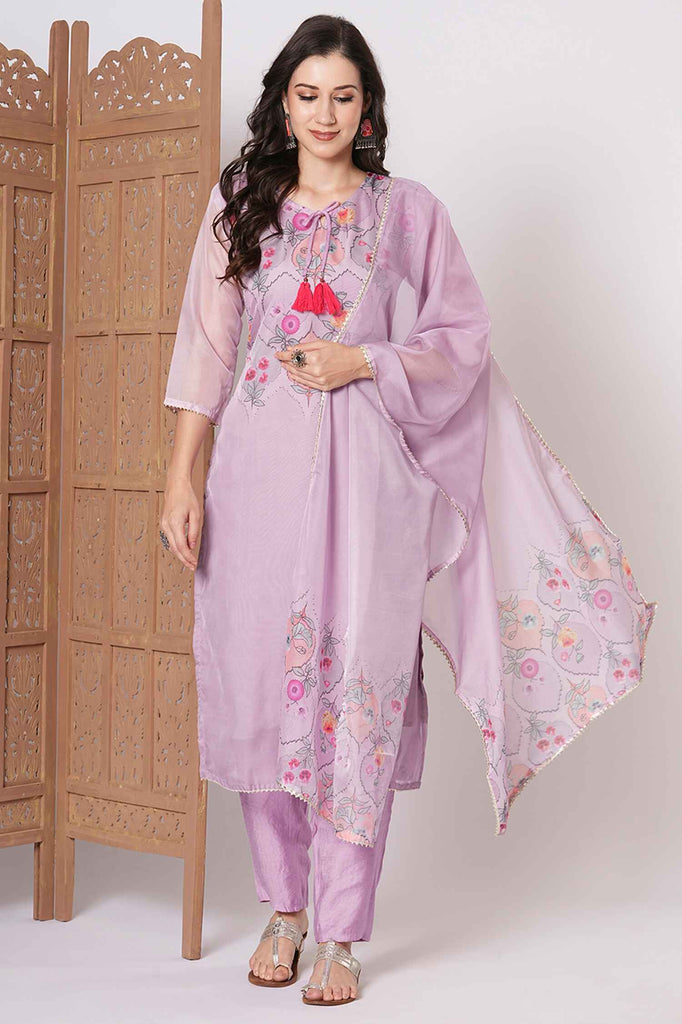 Alluring Purple Embroidery Work Taby Silk Festival Wear Pant Suit