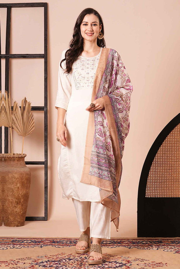 Wonderful Cream Embroidered Chanderi Silk Function Wear Pant Suit