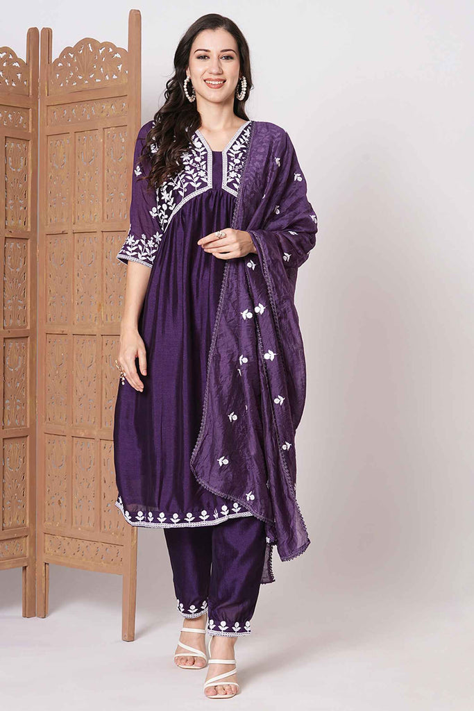 Surprising Purple Embroidered Silk Event Wear Pant Suit With Dupatta