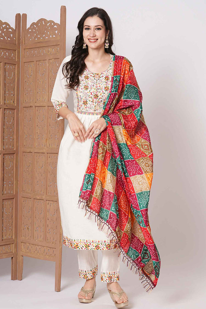 Fabulous Cream Embroidered Silk Traditional Pant Suit With Dupatta