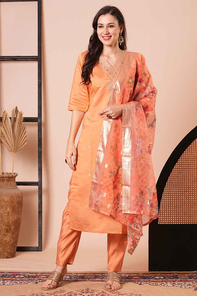 Dazzling Orange Embroidered Silk Function Wear Pant Suit With Dupatta