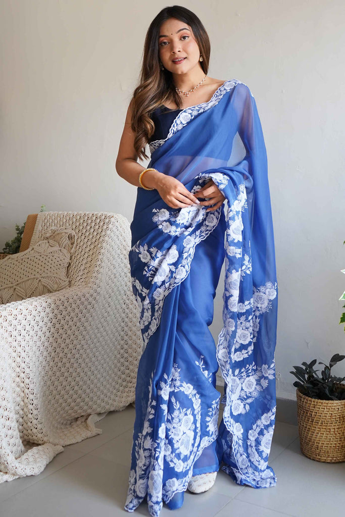 Precious Blue Embroidered Organza Event Wear Saree With Blouse