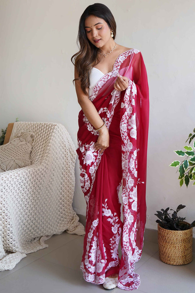 Adorable Red Thread Work Organza Cocktail Wear Saree With Blouse