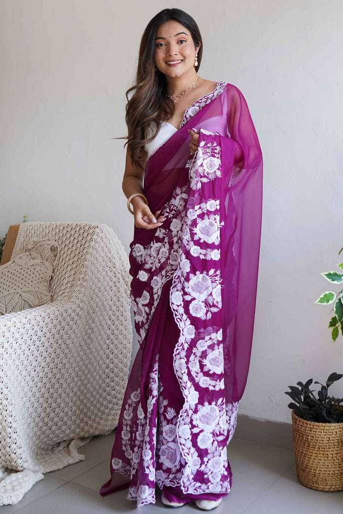 Precious Purple Border Work Organza Event Wear Saree With Blouse