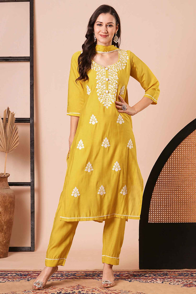 Adorable Yellow Embroidered Viscose Haldi Wear Pant Suit With Dupatta