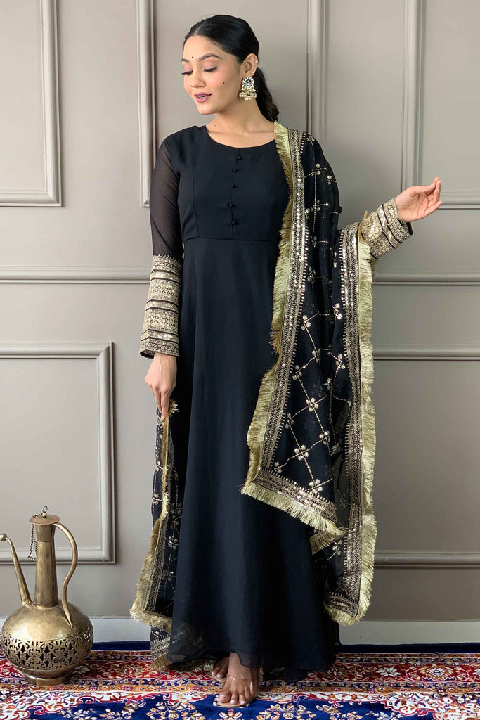 Lovely Black Embroidered Georgette Event Wear Pant Suit With Dupatta