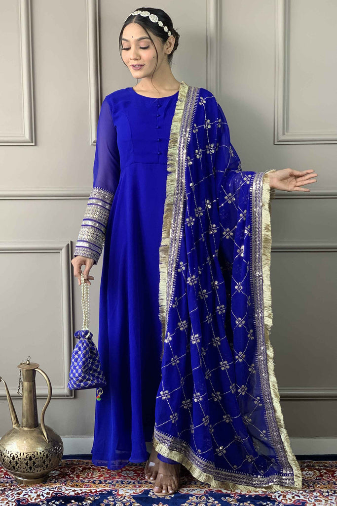 Unique Blue Embroidered Georgette Function Wear Pant Suit With Dupatta