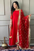 Precious Red Embroidered Georgette Traditional Pant Suit With Dupatta