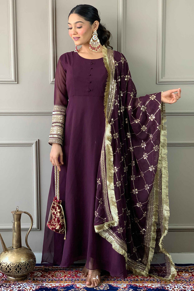 Awesome Wine Embroidered Georgette Event Wear Pant Suit With Dupatta