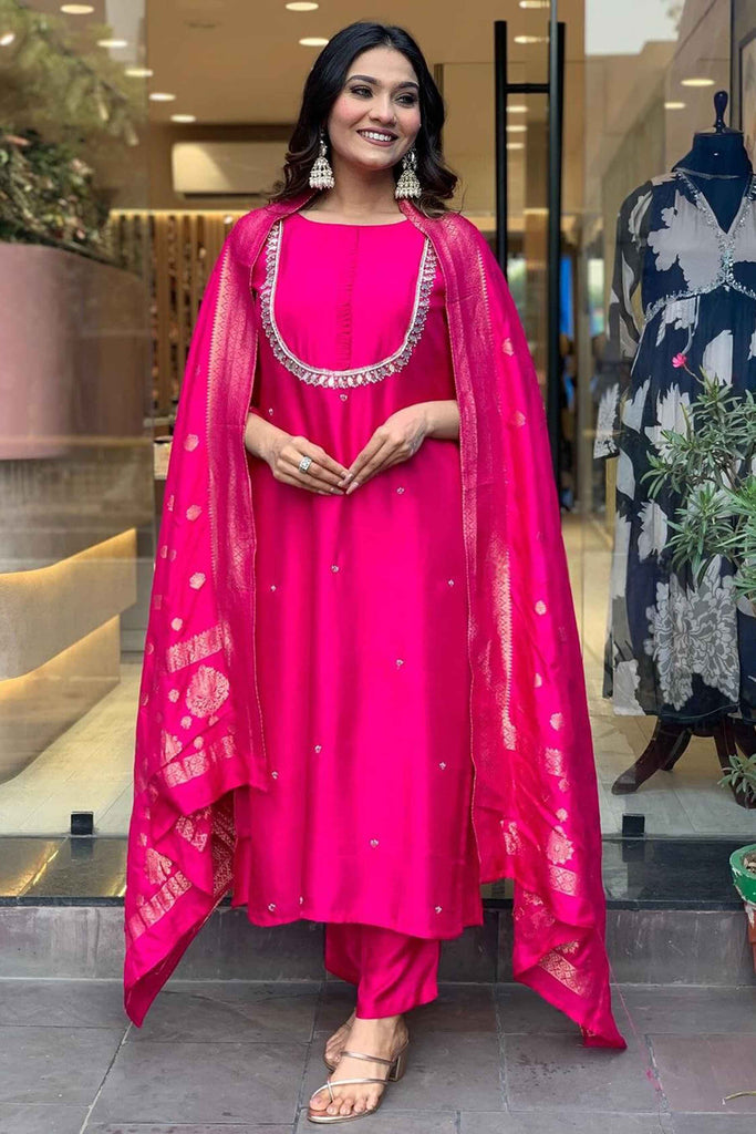 Dazzling Pink Embroidered Viscose Wedding Wear Pant Suit With Dupatta