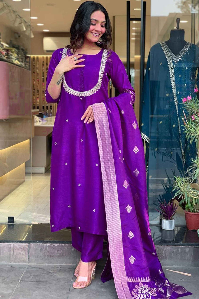 Glamorous Purple Embroidered Viscose Function Wear Pant Suit