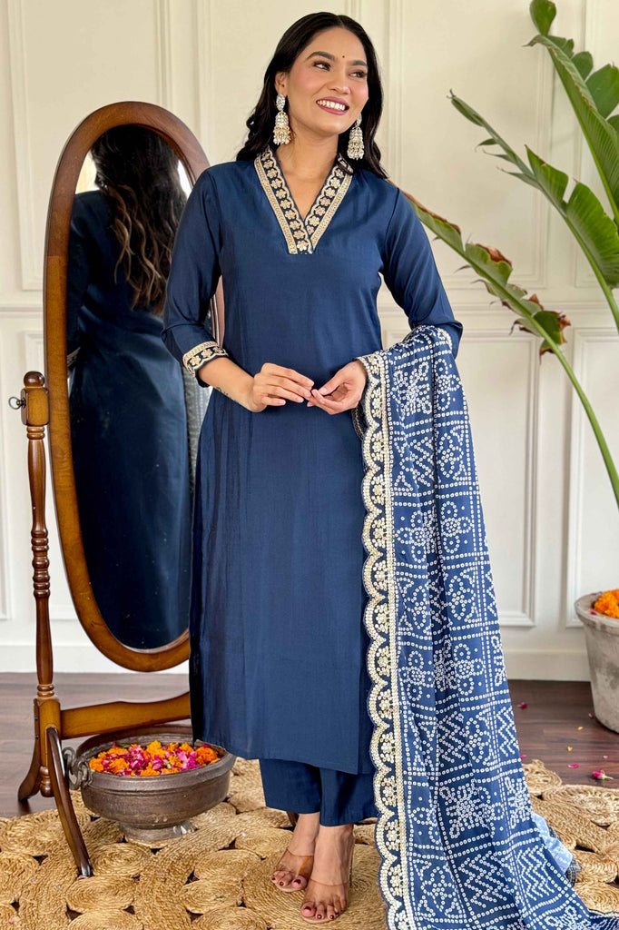 Pretty Blue Sequins Viscose Pant Suit With Bandhani Dupatta