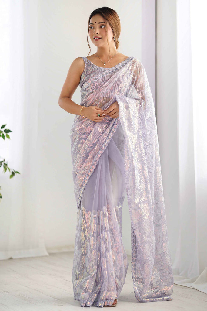 Incredible Lavender Sequins Net Event Wear Saree With Blouse