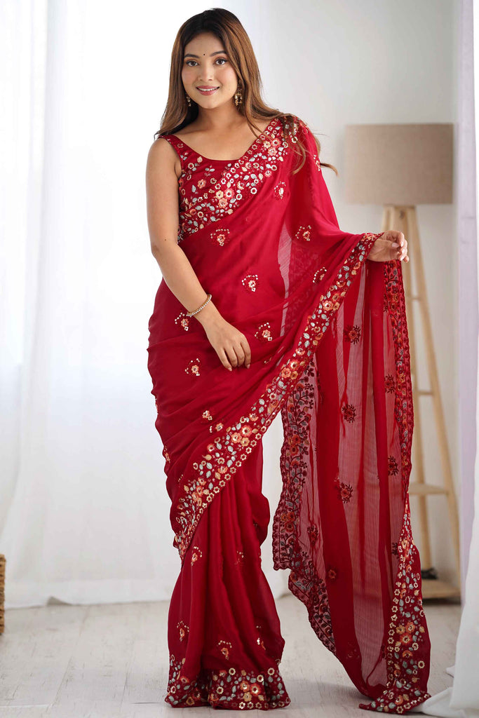 Amazing Maroon Thread Work Satin Wedding Wear Saree With Blouse