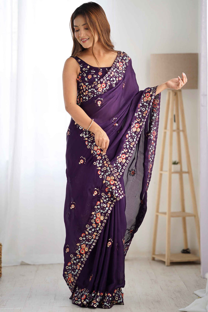 Marvelous Purple Sequins Work Satin Festival Wear Saree With Blouse