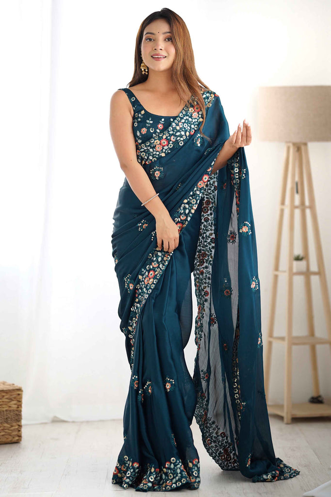 Surprising Teal Blue Thread Work Satin Event Wear Saree With Blouse