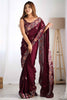 Shocking Wine Color Sequins Work Satin Wedding Wear Saree With Blouse