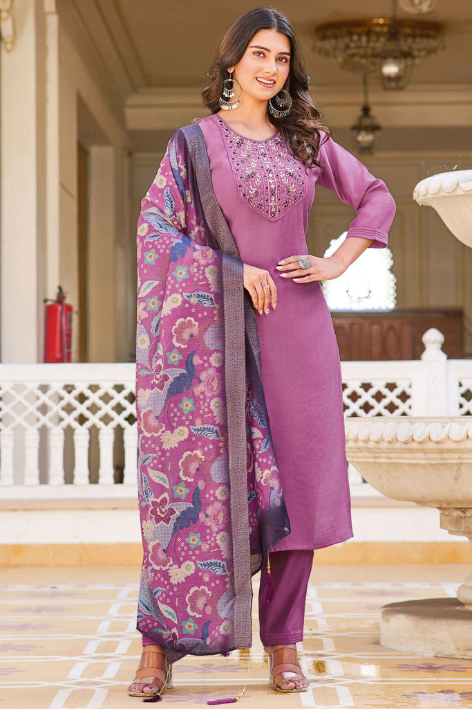 Fabulous Purple Embroidered Art Silk Event Wear Pant Suit