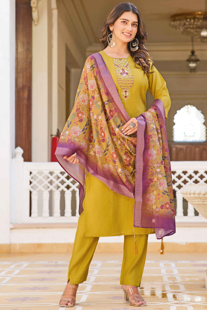 Beautiful Mustard Embroidered Art Silk Haldi Wear Pant Suit