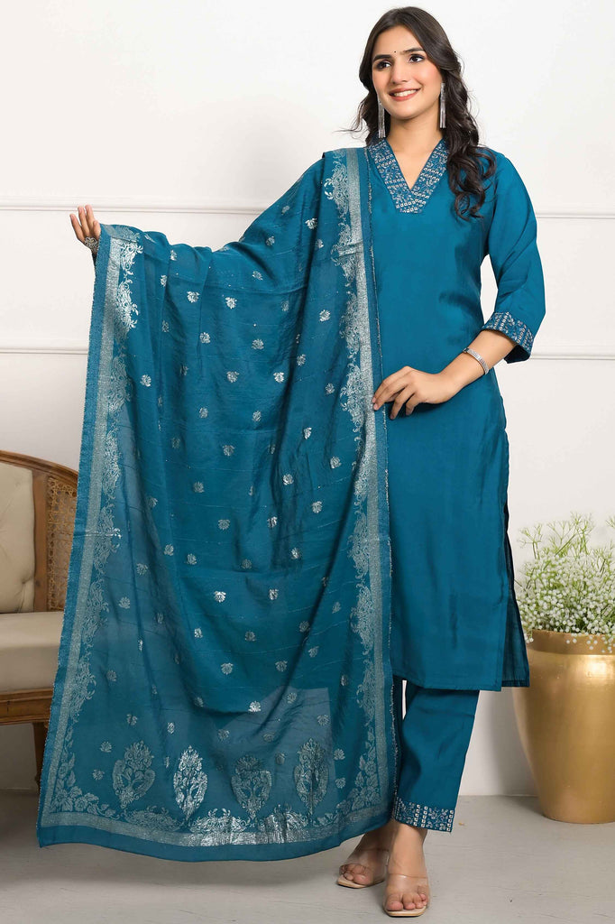 Fabulous Teal Blue Embroidered Viscose Event Wear Pant Suit